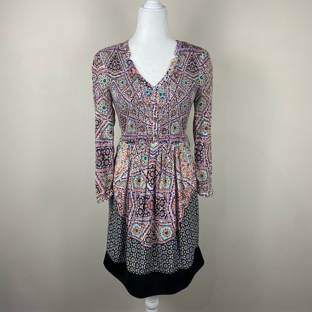 Anthropologie Maeve Long Sleeve Smocked Button Multi Color Print Dress Small - Picture 3 of 11